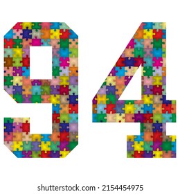 Vector Number Ninety Four Made From Colorful Puzzle Pieces. Vector Illustration Of Number 94 Made Of Puzzle

