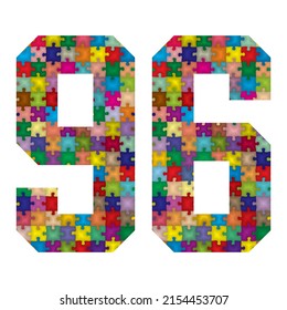 Vektornummer neunzig Sechs aus bunten Puzzleteilen. Vektorgrafik der Nummer 96 aus Puzzle

