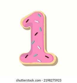 Vector number one for kids. Doughnut shaped figure with pink icing and colored sprinkles for arithmetic or holiday decorations. 