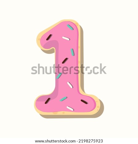 Vector number one for kids. Doughnut shaped figure with pink icing and colored sprinkles for arithmetic or holiday decorations. 