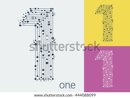 Vector number one on a bright and colorful background. Mathematical symbols in techno style, created by interplay of lines and points. Template can be used for posters, banners, labels, presentations.