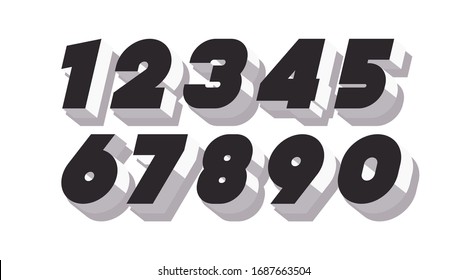 Vector number set 3d bold black and white color style modern typography for game, poster, birthday, decoration, animation, t shirt, racing, promotion, banner, printing. Cool font. 10 eps