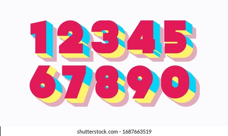 Vector number set 3d bold color style trendy typography for game, poster, birthday, decoration, animation, t shirt, racing, promotion, banner, printing. Cool font. 10 eps