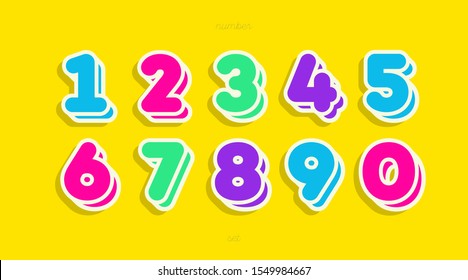 Vector number set cute 3d bold style modern typography for game, poster, birthday, decoration, animation, t shirt, racing, promotion, banner, printing. Cool font. 10 eps
