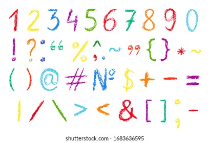 Vector Number Set. Hand Drawn Wax Crayons Art On White Background. Isolated Chalk Style  Numbers And Signs Icons. Children Drawing Style Color Number Collection. Bright Colorful Childish Symbols.