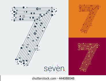 Vector número siete sobre un fondo brillante y colorido. Símbolos matemáticos en estilo tecno, creados por la interacción de líneas y puntos. La plantilla se puede utilizar para carteles, banners, presentaciones.