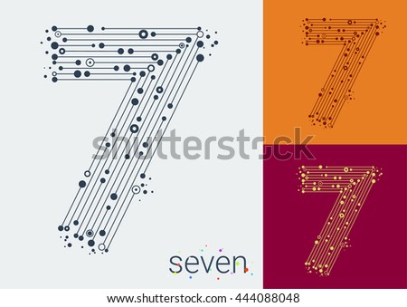 Vector number seven on a bright and colorful background. Mathematical symbols in techno style, created by interplay of lines and points. Template can be used for posters, banners, presentations.