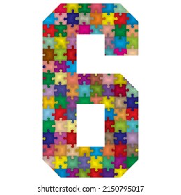 Vector Number Six Made From Colorful Puzzle Pieces. Vector Illustration Of Number 6 Made Of Puzzle
