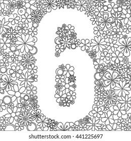 Vector number six made of flowers in black and white.