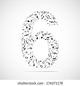 Vector number six made from music notes.