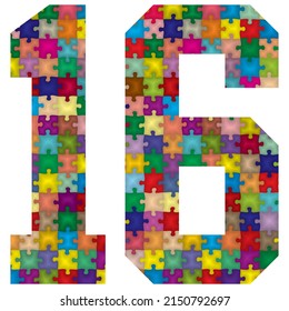 Vector Number Sixteen Made From Colorful Puzzle Pieces. Vector Illustration Of Number 16 Made Of Puzzle
