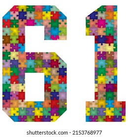 Vector Number Sixty One Made From Colorful Puzzle Pieces. Vector Illustration Of Number 61 Made Of Puzzle
