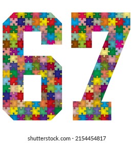 Vector Número Sesenta Y Siete Hecho A Partir De Piezas De Rompecabezas Coloridas. Ilustración Vectorial Del Número 67 Hecho De Rompecabezas

