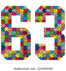 Vector Number Sixty Three Made From Colorful Puzzle Pieces. Vector Illustration Of Number 63 Made Of Puzzle
