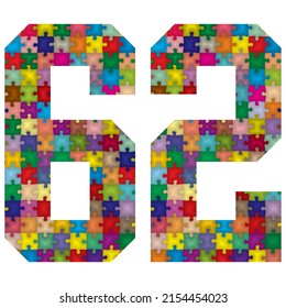 Vector Number Sixty Two Made From Colorful Puzzle Pieces. Vector Illustration Of Number 62 Made Of Puzzle
