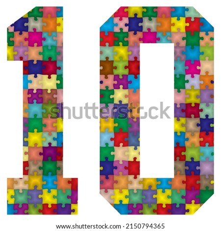 Vector Number Ten Made From Colorful Puzzle Pieces. Vector Illustration Of Number 10 Made Of Puzzle
