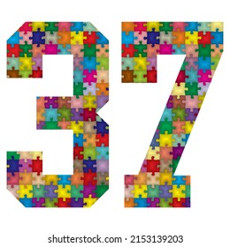 Vector Number Thirty Seven Made From Colorful Puzzle Pieces. Vector Illustration Of Number 37 Made Of Puzzle
