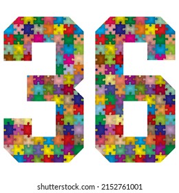 Vector Number Thirty Six Made From Colorful Puzzle Pieces. Vector Illustration Of Number 36 Made Of Puzzle
