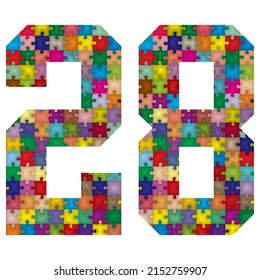 Vector Number Twenty Eight Made From Colorful Puzzle Pieces. Vector Illustration Of Number 28 Made Of Puzzle
