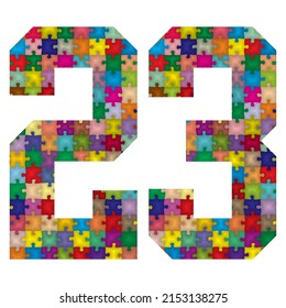 Vector Number Twenty Three Made From Colorful Puzzle Pieces. Vector Illustration Of Number 23 Made Of Puzzle
