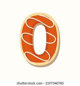 Vector number zero for kids. Doughnut shaped number with orange frosting for arithmetic or holiday decorations. 