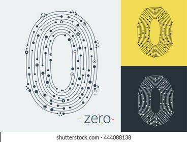 Vector number zero on a bright and colorful background. Mathematical symbols in techno style, created by interplay of lines and points. Template can be used for posters, banners, presentations.