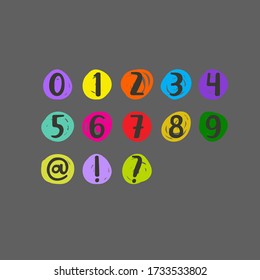 Vector numbers from 0 to 9 for children's allowances, learning to count, invitations, holidays, cards, greetings. Numbers in the multi-colored circles drawn by hand. Logo elements for children.