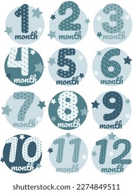 Vector numbers 1 to 12 months for newborn boy