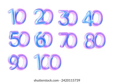 Vector numbers from 10 to 100. In a blue holographic liquid style.