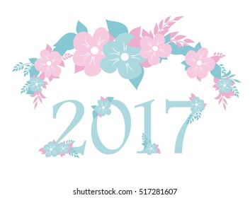 Vector numbers 2017 with blue and pink flowers. Vector illustration.  Blue  numbers 2017 New Year symbol.