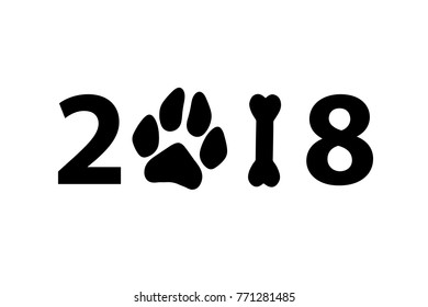 vector numbers 2018 with zero as dog paw print and one in bone shape next new year