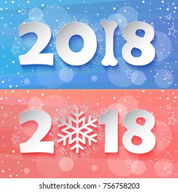 Vector numbers 2018 with with zero as snowflake on peach colour background and numbers 2018 with one as bone shape on blue background