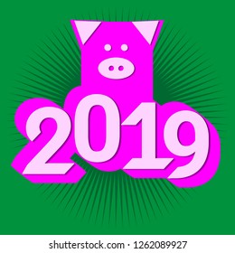 Vector numbers 2019 and pig face for the new year