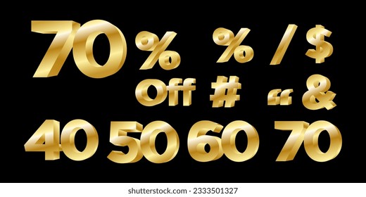 Vector Zahlen 3d Gold Illustration 70%, 40%, 60%%%, Verkauf von Rabatt-Promotion Set aus realistischen Zahlen 3d Gold. Discount-Kollektion für Ihr einzigartiges Verkaufspaket, Ihre Banner-Werbung