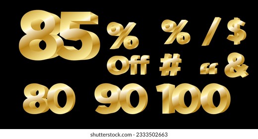 Vector numbers 3d Gold Illustration 85%, 80%, 90% percent, Sale off discount promotion set made of realistic numbers 3d Gold. discount collection for your unique selling poster, banner ads