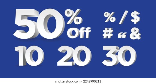 Vector numbers 3d white Illustration  20%, 30%, 50% percent, Sale off discount promotion set made of realistic numbers 3d white.  discount collection for your unique selling poster, banner ads svg