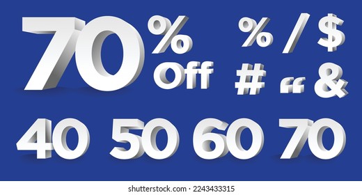 Vector numbers 3d white Illustration  70%, 40%, 50% percent, Sale off discount promotion set made of realistic numbers 3d white.  discount collection for your unique selling poster, banner