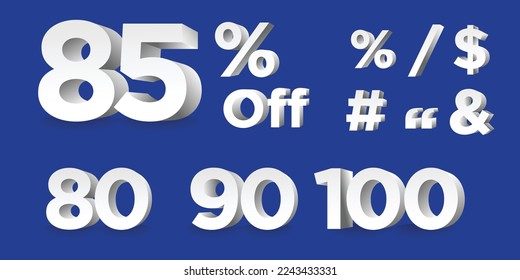 Vector numbers 3d white Illustration  85%, 80%, 90%, 100% percent, Sale off discount promotion set made of realistic numbers 3d white.  discount collection for your unique selling poster, banner ads