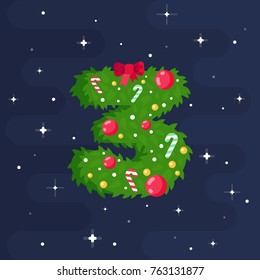 Vector Numbers in Christmas theme. Red and green Christmas tree numbers. Holidays style font, Christmas digits. Vector flat style illustration.