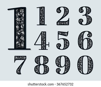 Vector numbers with elegant floral ornaments inside. Exquisite ornamental numbers with shadows and highlights and embossed inner elements. Floral typography.