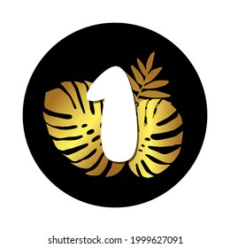 Vector numbers with gold tropical leaves. Silhouette botanical numbers with shadow in the black circle isolated on white background. Vector illustration.