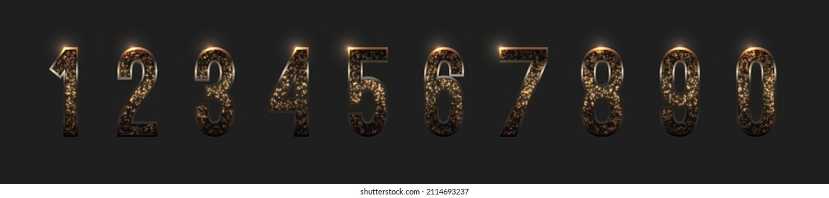 Vector numbers with golden shiny glitter on a black. Set of ten metallic decorative numeric signs for decorative for advertising design or web banners