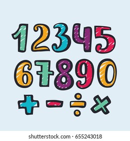 Vector numbers hand drawn doodle different color marker sketch and multiplication, division, equal, plus, minus signs. Isolated object on white background