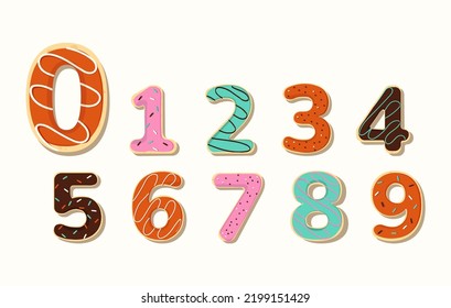 Números de vectores para niños. Números en forma de anillos con glicería de colores y rociadores para decoraciones aritméticas o navideñas. 