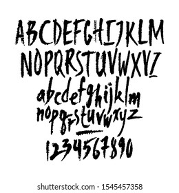 Vector numbers lowcase and uppercase letters. Hand written latin alphabet. Isolated black on white background. 