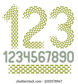 Vector numbers, modern numerals set. Rounded bold retro numeration from 0 to 9 can be used for logo creation, press. Made using rhythmic strokes and dashed lines.