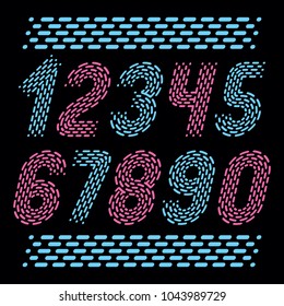 Vector numbers, modern numerals set. Rounded bold italic retro numeration from 0 to 9 can be used for logo creation. Made using rhythmic strokes and dashed lines.