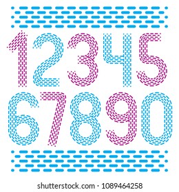 Vector numbers, modern numerals set. Rounded bold retro numeration from 0 to 9 can be used for logo creation. Made with parallel dashed lines.