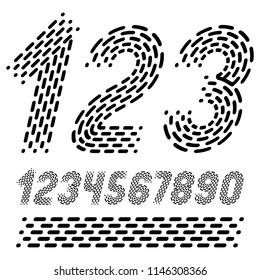 Vector numbers, modern numerals set. Rounded bold italic retro numeration from 0 to 9 can be used for logo creation. Made using rhythmic strokes and dashed lines.