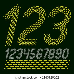 Vector numbers, modern numerals set. Rounded bold italic retro numeration from 0 to 9 can be used for logo creation. Made with parallel dashed lines.